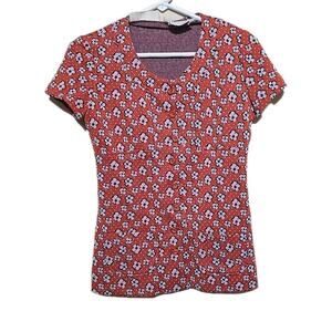 Vtg 70s Tracy Petites Orange Floral Double Knit Button Front Top Womans Size XS